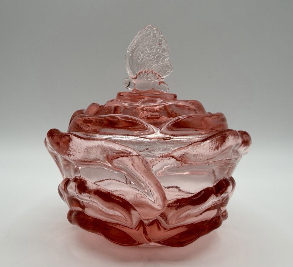 Fenton Pink Glass Butterfly Rose Bowl Lidded Covered Candy Dish 5.5” Vintage